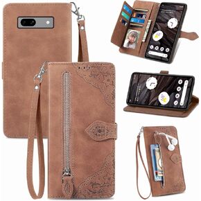 Compatible with Google Pixel 7A 5G 2023 Wallet Case with Wrist Strap Lanyard and PU Leather Flip Folio Purse Card Holder Stand Cell Accessories Phone Cover for Pixel7A A7 Women Brown