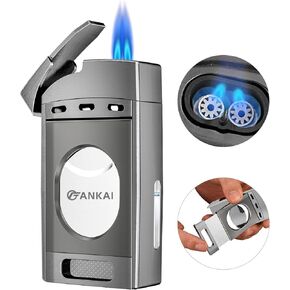 Torch Lighter with Cutter,FANKAI Cigar Lighter Double Jet Flame Refillable Butane Lighter 2 in 1 Windproof Lighters for Smoking Cigar Accessories W/Gift Box (Butane Not Included)