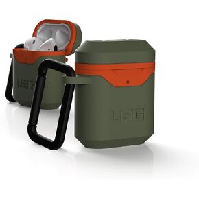 URBAN ARMOR GEAR UAG Compatible with AirPods (1st & 2nd Gen) Case Full-Body Protective Soft-Touch Silicone Case with Detachable Carabiner, Standard Issue Hard Case_001, Olive/Orange