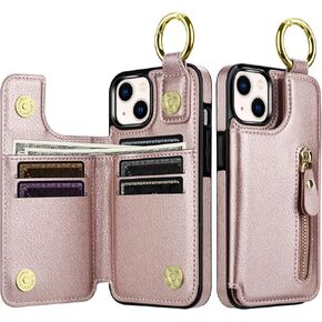 SAMONPOW for iPhone 13 Case Wallet with Card Holder, Folio Flip Premium PU Leather Kickstand Card Slots Case, Double Strong Magnetic Clasp Durable Shockproof Wallet Phone Case for iPhone 13, Rose Gold