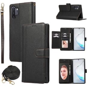 Compatible with Samsung Galaxy Note 10 Plus Note10+ 5G Wallet Case Wrist Strap, Crossbody Strap, Mirror Flip Stand Cell Phone Cover for Note10 + Notes 10+ Ten Not S10 10Plus Women Men Purple
