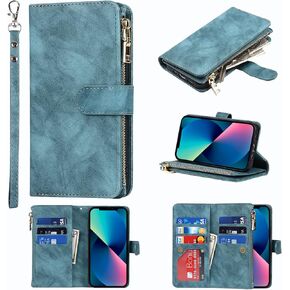 Jaorty Wallet Case for iPhone 13/14 Case,[9 Card Slots] [Wrist Strap] [Stand Feature] Zipper Cash Pocket Magnetic Leather Cover Shockproof Case for iPhone 13,6.1 inch Rosegold