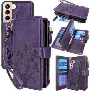 Lacass for Samsung Galaxy S21 FE 5G 2022 Case [12 Card Slots] ID Credit Cash Holder Zipper Pocket Detachable Magnet Leather Wallet Cover with Wrist Strap Lanyard (Floral Wine Red)