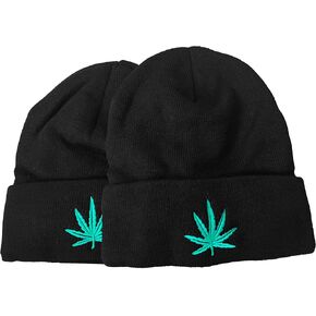 Pack of 2X Marijuana Weeds Leaf Embroidery Fleece Lined Knit Beanies One Size Black Green Hats