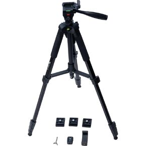 T-5 Camera Tripod. Max. 68" / 173cm. Folded 19.3" / 49 cm. Weight 2.6lbs / 1.2kg. 3x4 flip Locks. 360° pan Head. Smartphone Holder, iPhone/Android Remote Controller, 3 Quick Plates