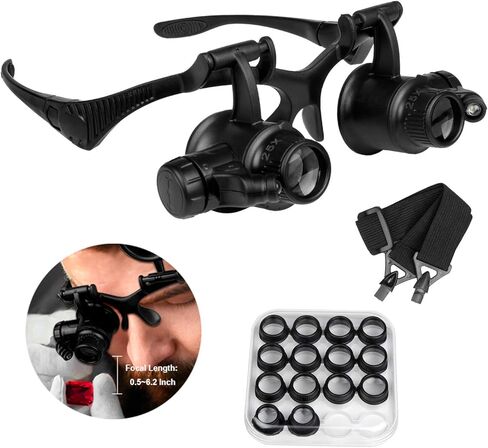 Qooltek Bracket/Headband Magnifying Glass Jewelry Clock Repair Loupe with 2 LED Lights and 8 Interchangeable Lens 2.5X 4X 6X 8X 10X 15X 20X 25X for 0.5-6.2 Inch Focal Length (New Upgraded Version) in Kuwait