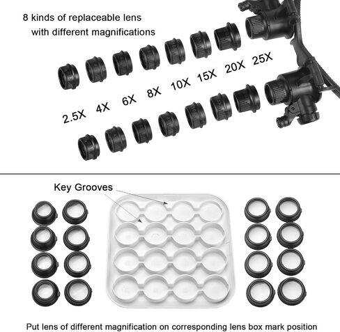Qooltek Bracket/Headband Magnifying Glass Jewelry Clock Repair Loupe with 2 LED Lights and 8 Interchangeable Lens 2.5X 4X 6X 8X 10X 15X 20X 25X for 0.5-6.2 Inch Focal Length (New Upgraded Version) in Kuwait