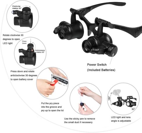 Qooltek Bracket/Headband Magnifying Glass Jewelry Clock Repair Loupe with 2 LED Lights and 8 Interchangeable Lens 2.5X 4X 6X 8X 10X 15X 20X 25X for 0.5-6.2 Inch Focal Length (New Upgraded Version) in Kuwait