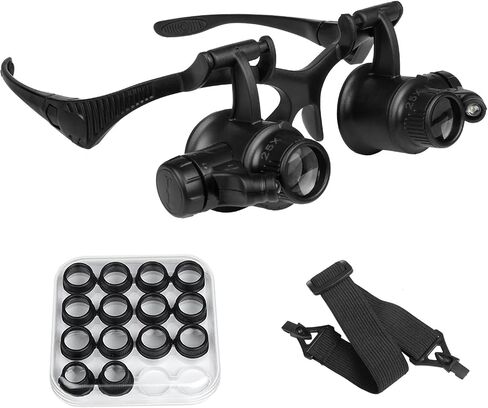 Qooltek Bracket/Headband Magnifying Glass Jewelry Clock Repair Loupe with 2 LED Lights and 8 Interchangeable Lens 2.5X 4X 6X 8X 10X 15X 20X 25X for 0.5-6.2 Inch Focal Length (New Upgraded Version) in Kuwait