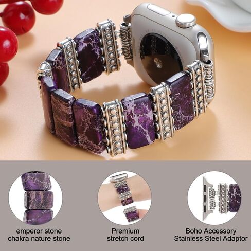Boho Western Bracelet Compatible with Apple Watch Band 38/40/41/42/44/45/46/49mm Women,Handmade Natural Jasper Imperial Stone Elastic Vintage Solo Strap for iWatch Series 10 9 8 7 6 5 4 3 2 1 Ultra 2/SE in Saudi Arabia