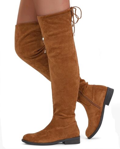 Women's Synthetic Suede Over the Knee Flat Heel Thigh High Boots | Dressy casual thigh high boots,long tall knee high boots ,side zipper, tie-back top,fall,dating,outfit,weekend in Saudi Arabia