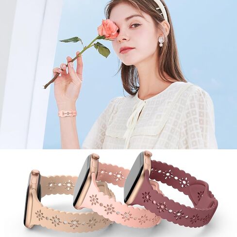 3 Pack Thin Silicone Bands Compatible for Apple Watch Band 38mm 40mm 41mm 42mm 44mm 45mm 46mm 49mm Women,Slim Sport Lace Hollow-out Wristband,Breathable Strap for iWatch Series 10 9 8 7 6 5 4 3 2 1 SE in Saudi Arabia