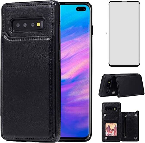Asuwish Compatible with Samsung Galaxy S10 Wallet Case Tempered Glass Screen Protector Card Holder Cover Stand Flip Leather Cell Phone Cases for Glaxay S 10 Edge Gaxaly 10S GS10 X10 Women Men Black in Saudi Arabia