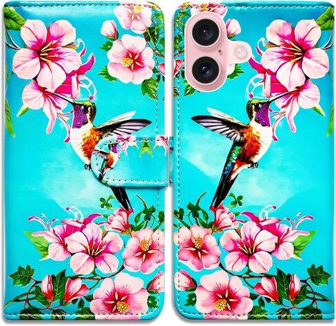 Case for iPhone 16 with RFID Blocking,Hummingbird Flowers Blue Leather Flip Phone Case Wallet Cover with Card Slot Holder Kickstand for Apple iPhone 16 in Saudi Arabia