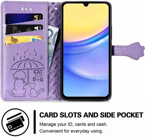 MEUPZZK for Samsung Galaxy A15 5G Wallet Case, Embossed Cat and Dog Premium PU Leather [Kickstand] [Card Slots] [Wrist Strap] [6.5 inch] Phone Cover for Samsung A15 5G (C-Purple) in Saudi Arabia