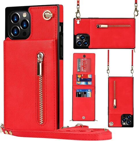 Jaorty Crossbody Phone Case for iPhone 12 Pro Max Case with Card Holder for Women,iPhone 12 Pro Max Case Wallet with Strap Lanyard for Men,PU Leather Magnetic Clasp with Kickstand 6.7", Red in Kuwait