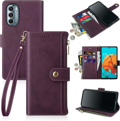 حافظة محفظة Antsturdy لهاتف Motorola Moto G Stylus 5G 2022 حامل بطاقة الائتمان للنساء والرجال، غطاء من جلد البولي يوريثان مع حزام معصم بسحاب وفتحات بطاقة RFID، حافظة هاتف لهاتف Moto G Stylus 5G 2022، أحمر خمري in Kuwait