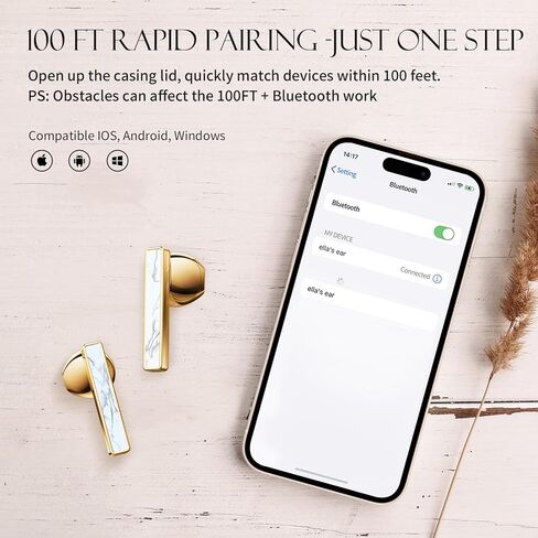 ELLA'S EARS Wireless Earbuds for Women, 360 Hrs Handmade Rare White Turquoise, 100Hrs Play Time, IP55 Waterproof Bluetooth 5.3 Headphones, 100 FT Rapid Pairing Stereo Upgrade Earphones for iOS/Android in Kuwait