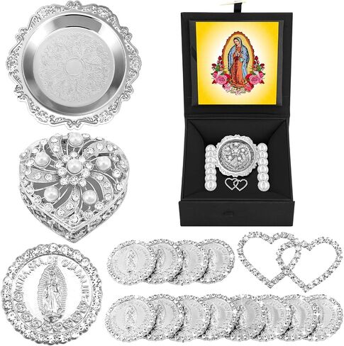 مجموعة عملات أراس الزفاف Arras Para Boda Catolica Decoracion صندوق على شكل قلب 13 عملات عذراء غوادالوبي علبة هدايا Virgen De Guadalupe Arras De Boda Cristiana إكسسوارات الزفاف (ذهبي) in Kuwait