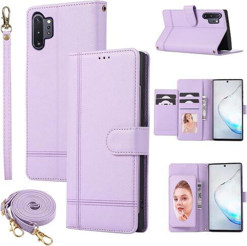 Compatible with Samsung Galaxy Note 10 Plus Note10+ 5G Wallet Case Wrist Strap, Crossbody Strap, Mirror Flip Stand Cell Phone Cover for Note10 + Notes 10+ Ten Not S10 10Plus Women Men Purple in Kuwait