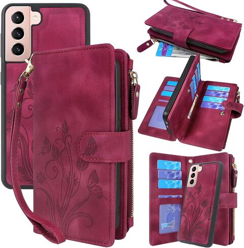 Lacass for Samsung Galaxy S21 FE 5G 2022 Case [12 Card Slots] ID Credit Cash Holder Zipper Pocket Detachable Magnet Leather Wallet Cover with Wrist Strap Lanyard (Floral Wine Red) in Kuwait