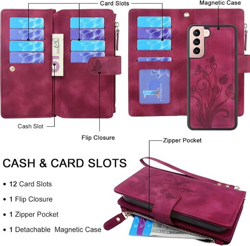 Lacass for Samsung Galaxy S21 FE 5G 2022 Case [12 Card Slots] ID Credit Cash Holder Zipper Pocket Detachable Magnet Leather Wallet Cover with Wrist Strap Lanyard (Floral Wine Red) in Kuwait