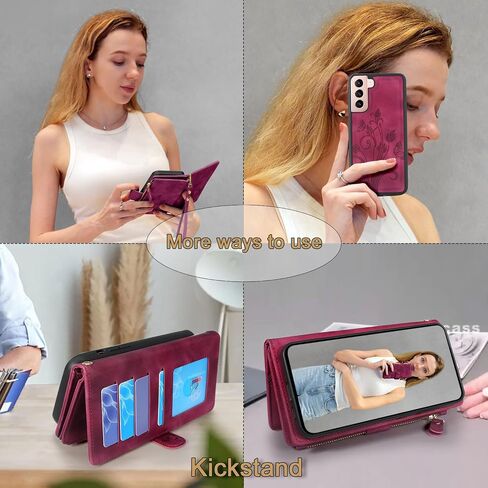 Lacass for Samsung Galaxy S21 FE 5G 2022 Case [12 Card Slots] ID Credit Cash Holder Zipper Pocket Detachable Magnet Leather Wallet Cover with Wrist Strap Lanyard (Floral Wine Red) in Kuwait