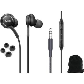 2023 OEM Earbuds Stereo Headphones for Samsung Galaxy S10 S10e Plus A31 A71 Cable - Designed by AKG - with Microphone and Volume Buttons (Black) with Carrying Pouch