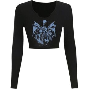 SOLY HUX Women's Y2k Gothic Skull Graphic Crop Tops Long Sleeve Notched Neck Tee T Shirts