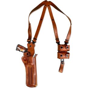 Premium Leather Vertical Shoulder Holster System with Double Speed Loader Fits Smith & Wesson N-Frame Model 629 Classic Full Underlug Barrel 44 Magnum 6.5" BBL, Right Hand Draw Brown Color #1440#
