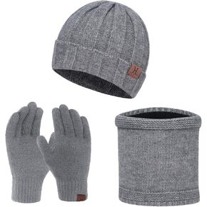 Winter Beanie Hat Scarf Touch Screen Gloves 3 Pieces Warm Thick Knit Set for Men Women