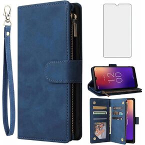 Asuwish Compatible with Moxee M2160 MH-T6000 Wallet Case Tempered Glass Screen Protector and Leather Flip Cover Card Holder Stand Cell Accessories Magnetic Phone Cases for M 2160 T600 Women Men Blue