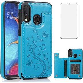 Phone Case for Samsung Galaxy A10e/A20e with Tempered Glass Screen Protector and Card Holder Wallet Cover Stand Flip Leather Cell Accessories Glaxay A 10e 10ae S102DL 20e 20ae Cases Women Men Blue