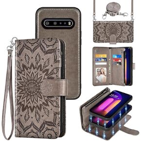 Phone Case for LG V60 ThinQ V60ThinQ 5G G9 Thin Q Zipper Wallet Magnetic Detachable Cell Cover with Screen Protector Crossbody Lanyard Strap Flip Card Holder Slot LGV60 V 60 60ThinQ 60V Dark Green