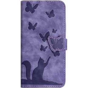 Wallet Case Compatible with Samsung Galaxy A14 5G|A14 4G | Cat Butterfly Embossed Leather Flip Case with Card Slots Kickstand Phone Cover | Magnetic Shockproof Case | Purple