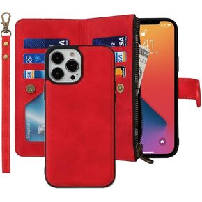 iCoverCase for iPhone 13 Pro Max Wallet Case with Card Holder and Wrist Strap, PU Leather Kickstand Card Slots Zipper Pocket Magnetic [Detachable] Flip Cover Case 6.7 Inch (Claret)