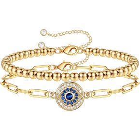 Dainty Layered Evil Eye Bracelets for Women, 14K Gold Filled Adjustable Bead Layering Bracelet Cute CZ Evil Eye Bar Coin Bracelet Gold Layered Paperclip Chain Bracelets for Women Jewelry