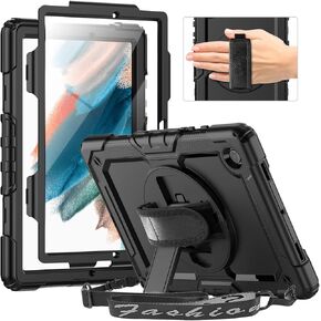 Timecity Case for Samsung Galaxy Tab A8 Cases 10.5'' 2022 (SM-X200/X205/X207), Heavy Duty Rugged Protection Case with Screen Protector, 360 Rotating Stand, Hand/Shoulder Strap A8 Tablet Case- Black