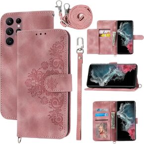 Wallet Case for Samsung Galaxy S23 Ultra 5G with Wrist Strap Crossbody Shoulder Strap, Embossed PU Leather Flip Slim Cell Phone Cover for S23Ultra 23S S 23 23Ultra 6.8 inch Women Girls Black