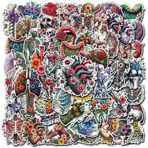 Pack 50 PCS Human Body Organs Floral Stickers Anatomy Medical Nurse Waterproof Vinyl Decals for Laptop Water Bottles Refrigerator Scrapbooks Suitcases Decorations