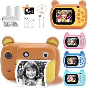 Instant Print Camera for Kids, Upgraded Selfie Kids Digital Camera, No Ink 1080P HD Video Camera with 3 Rolls Print Paper, 1000 mAh, Dual Lens, 32G SD Card for Girls&Boys Gifts (Brown)