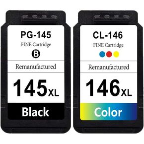 Remanufactured for Canon Ink Cartridges 145XL and 146XL PG-145XL CL-146XL Replacement Ink for MG2510 TS3110 IP2810 MG2410 MG2910 MG3010 Printers Muti Pack 1 Black 1 Color