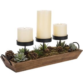 MyGift Solid Torched Wood Candlescape Display Tray Set with Metal Pillar Candle Holder and Decorative Fake Succulent Plants and Pine Cones - Holds 3 Candles