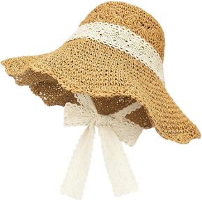 Women Straw Sun Hat with Lace Band Foldable Beach Hat Wide Brim Floppy (Lace Khaki)