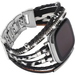 WONMILLE Posh Leather Bands Compatible with Fitbit Sense/Versa 3 Bands Women, Boho Stylish Handmade Multilayer Wrap Bracelets Jewelry Strap Wristband for Sense/Versa 3 Smart Watch