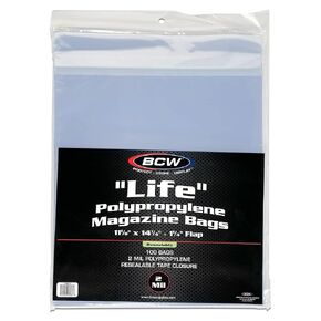 BCW Life Magazine Bags | Crystal Clear Polypropylene | Acid-Free Archival Quality | Protect and Store Collectible Life Magazines | Exterior 11 1/8 x 14 1/4 (Resealable, 100 Pack)