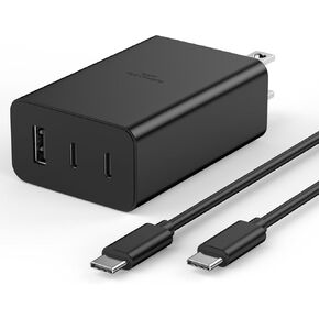 USB C Charger, 65W PD 3.0 3-Port Type C Fast Charging GaN Charger with 6ft Type C Cable, 65W USB C Fast Wall Charger for iPhone 15/15 Pro/15 Pro Max/15 Plus, MacBook Pro/Air, iPad Pro, Galaxy S23/S22