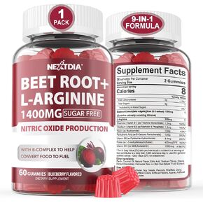 Beet Root Gummies with L-Arginine, B Complex Vitamins, Nitric Oxide Supplement for Healthy Blood Flow & Circulation Support, Sugar Free Chewables Organic Beets, 120 Red Beet Chews, Blueberry Flavor