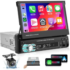 Single Din Carplay Car Stereo Audio Receivers with Android Auto/Airplay MirrorLink,Podofo 7 inch Flip Out Car Radio Bluetooth FM Radio with HD Backup Camera/USB/TF Card/AUX-in Ports Support SWC