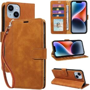 for iPhone 14 Wallet Case,4 Card Slots [RFID Blocking] Soft PU Leather Phone Case,Wrist Strap,Shockproof Protective Stand Flip Cases Cover for iPhone 14 (Brown)